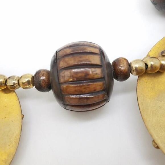 Artisan Contrast Brass Sun Disc Wood Bead Welded Boho Necklace Vintage - Picture 7 of 11